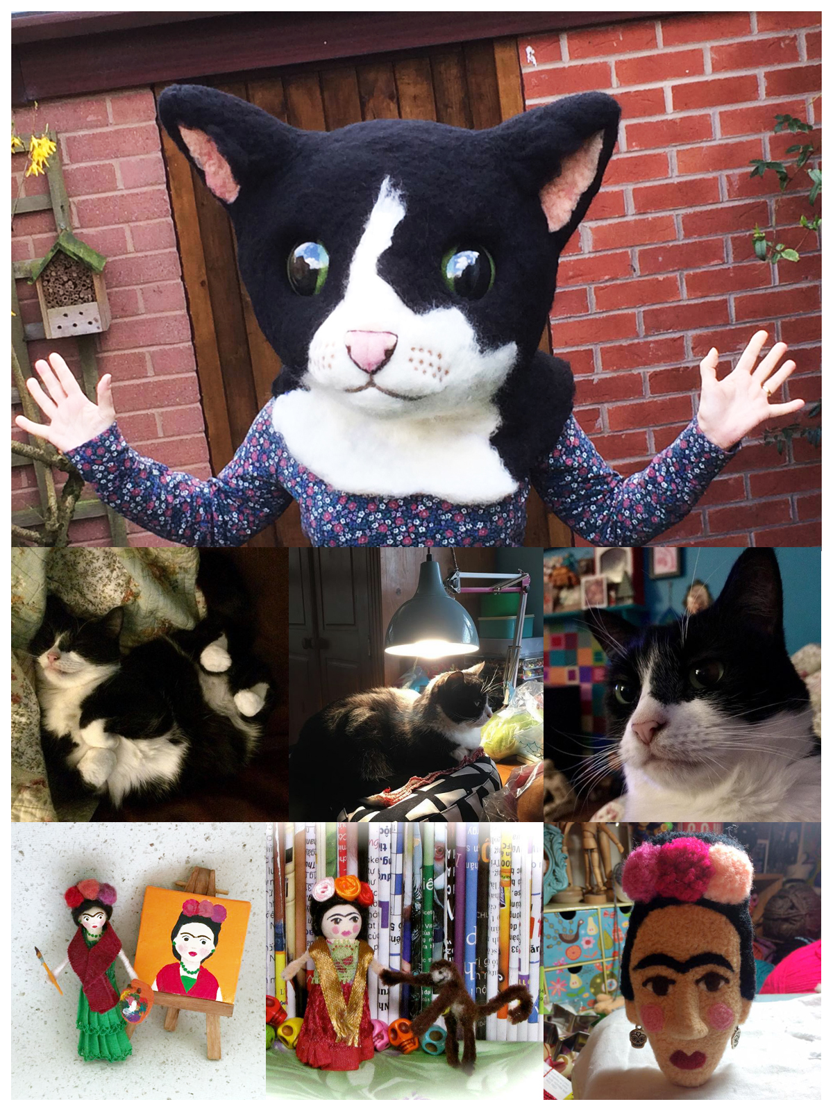 A photo montage of images of my cat, a giant woollen cat head that I made and some Frida Khola inspired pieces included a brooch and a peg doll.